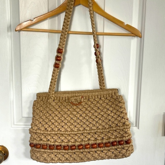 Handbags - Vintage Tan Macrame Handbag Shoulder Purse Boho Hippie Wood Beads